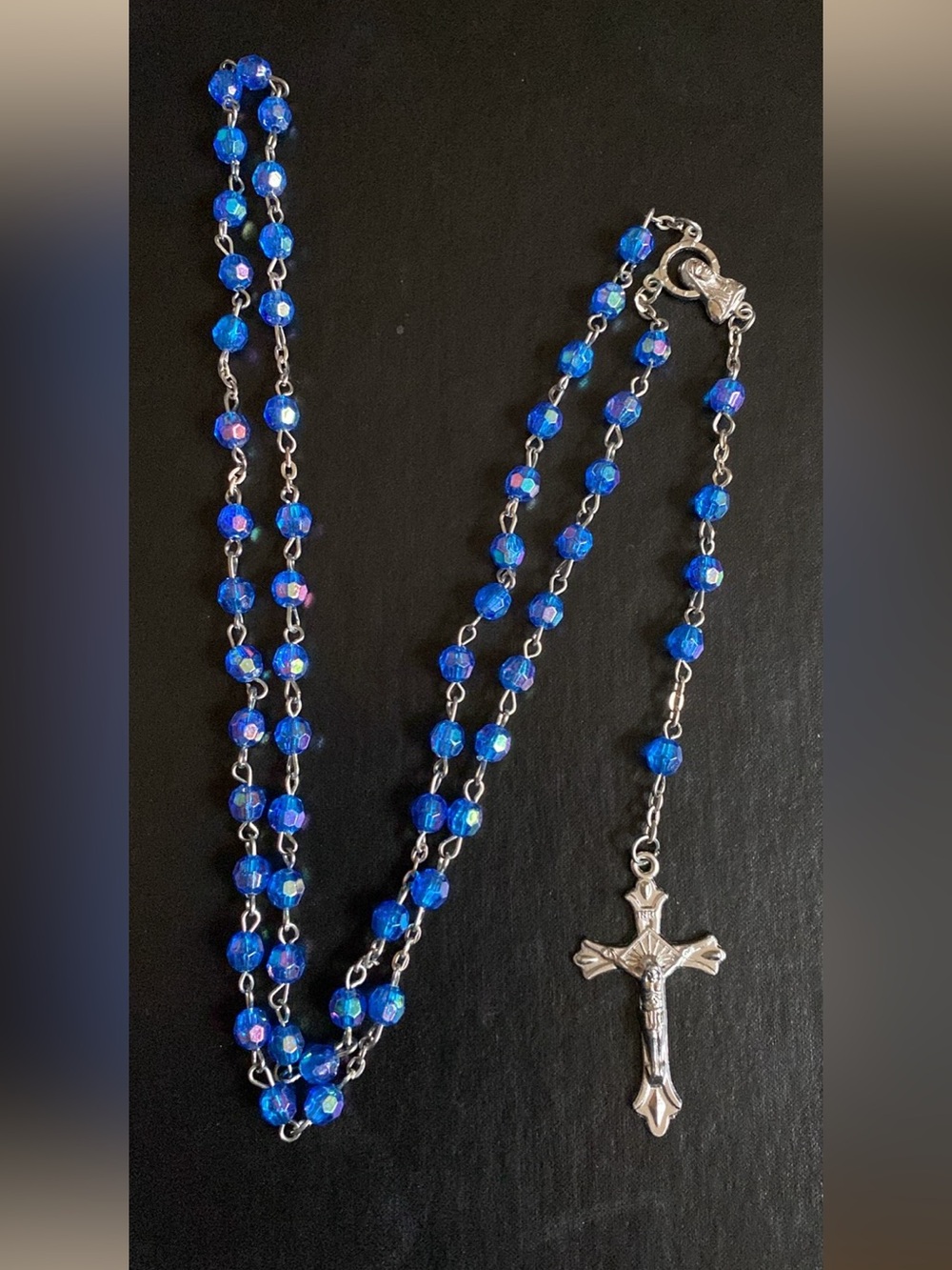 Blue Crystal Rosary Necklace with Silver Cross